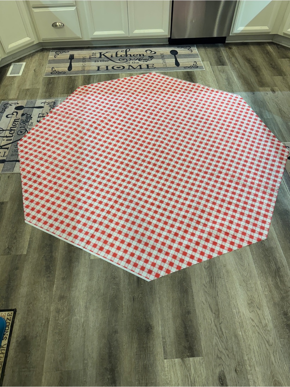 Vintage Red and White Gingham Floral Octagon Tablecloth - 72" Round Large